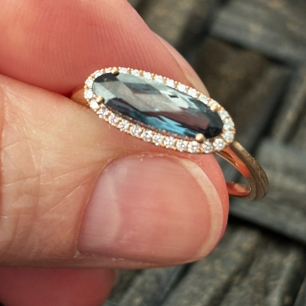 14k rose gold ring with London blue topaz and natural diamond halo. - Picture 7 of 11